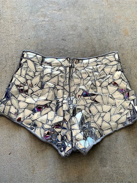 Fashion Nova Pants - Fashion Nova Embellished High Waist Shorts in Silver & White Like New